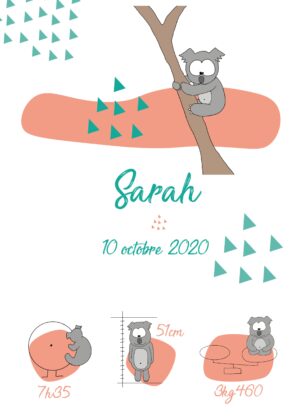 Affiche de naissance personnalisée Koala